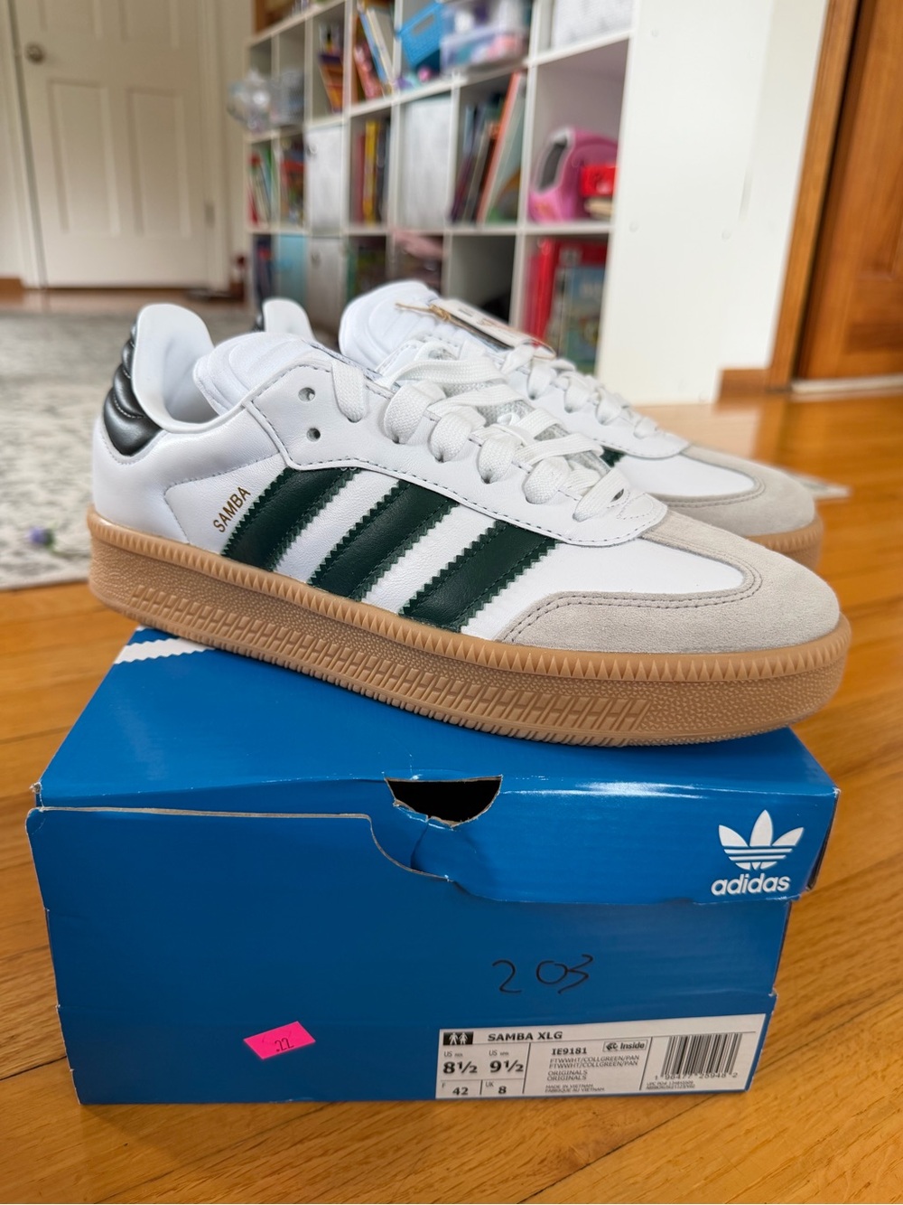 adidas Samba XLG Sneakers — White with Dark Green Stripes and Gum Sole